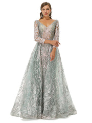 Silver V Neck Long Sleeve A Ling Prom Formal Dress