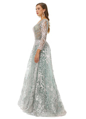 Silver V Neck Long Sleeve A Ling Prom Formal Dress