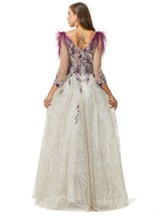 Champagne Feather V Neck Prom Dress