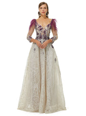Champagne Feather V Neck Prom Dress