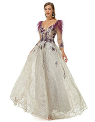 Champagne Feather V Neck Prom Dress