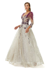 Champagne Feather V Neck Prom Dress