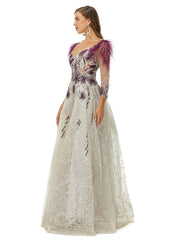 Champagne Feather V Neck Prom Dress