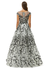 Black Appliques Tulle Scoop Flower Prom Dress