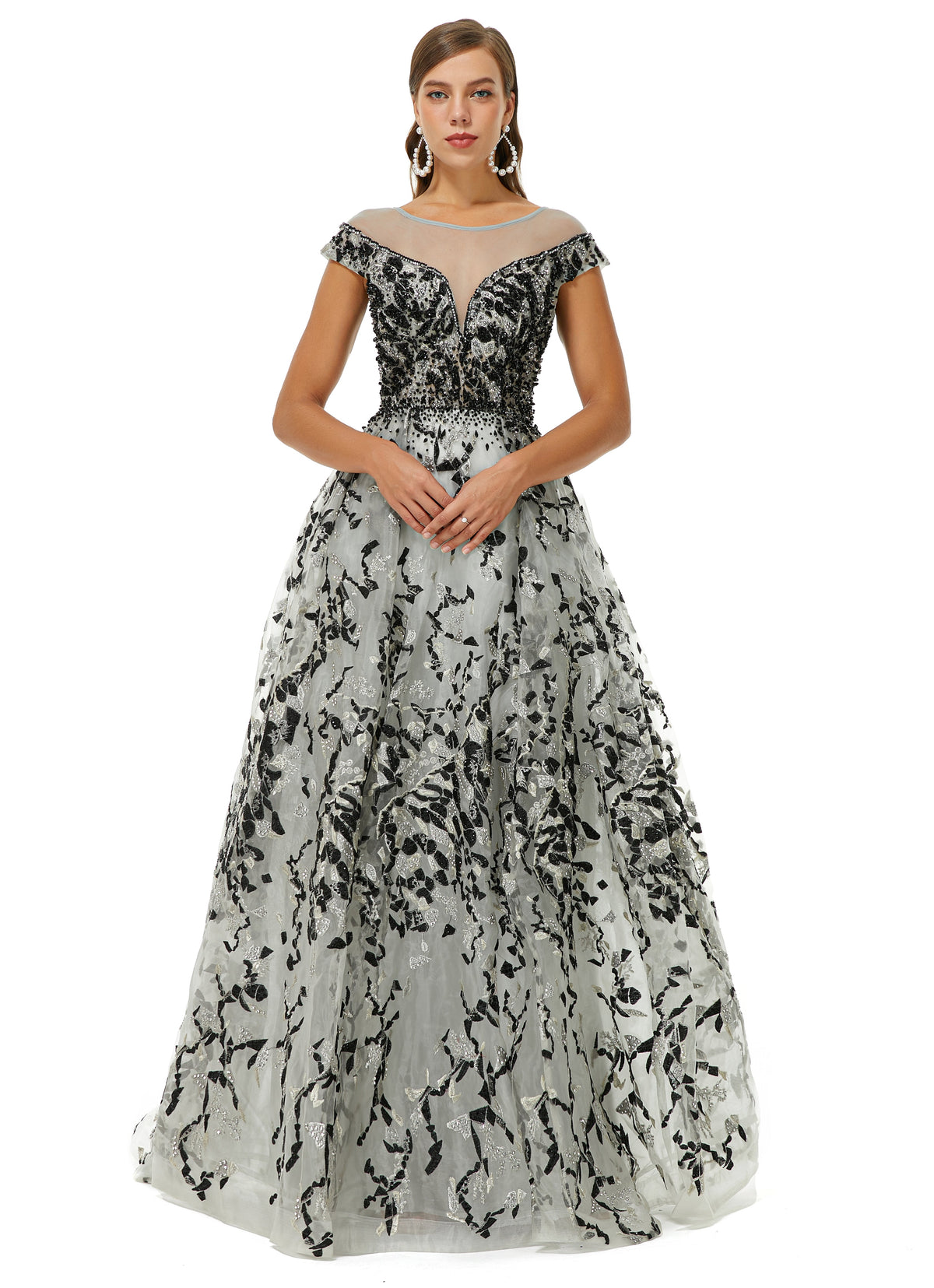 Black Appliques Tulle Scoop Flower Prom Dress