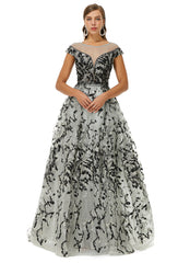 Black Appliques Tulle Scoop Flower Prom Dress