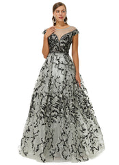 Black Appliques Tulle Scoop Flower Prom Dress