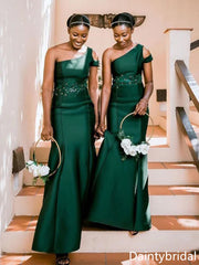 Simple One Shoulder Off the Shoulder Mermaid Satin Green Bridesmaid Dresses, BG325