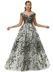 Black Appliques Tulle Scoop Flower Prom Dress