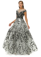 Black Appliques Tulle Scoop Flower Prom Dress