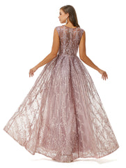 Pink Scoop A Line Sequin Tulle Prom Dress