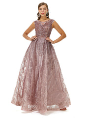 Pink Scoop A Line Sequin Tulle Prom Dress