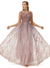 Pink Scoop A Line Sequin Tulle Prom Dress