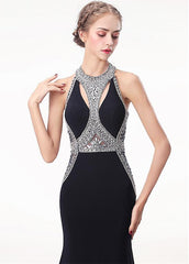 Halter Black Satin Mermaid Keyhole Evening Prom Dress With Beadings