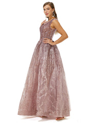 Pink Scoop A Line Sequin Tulle Prom Dress