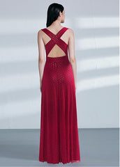 Floral Cloth V-neck Red Long A-line Evening Dress