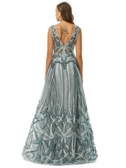 Silver V Neck Beading Tulle Prom Dress