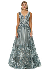 Silver V Neck Beading Tulle Prom Dress