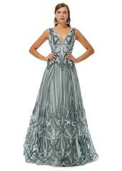 Silver V Neck Beading Tulle Prom Dress