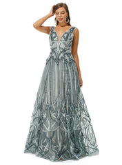 Silver V Neck Beading Tulle Prom Dress