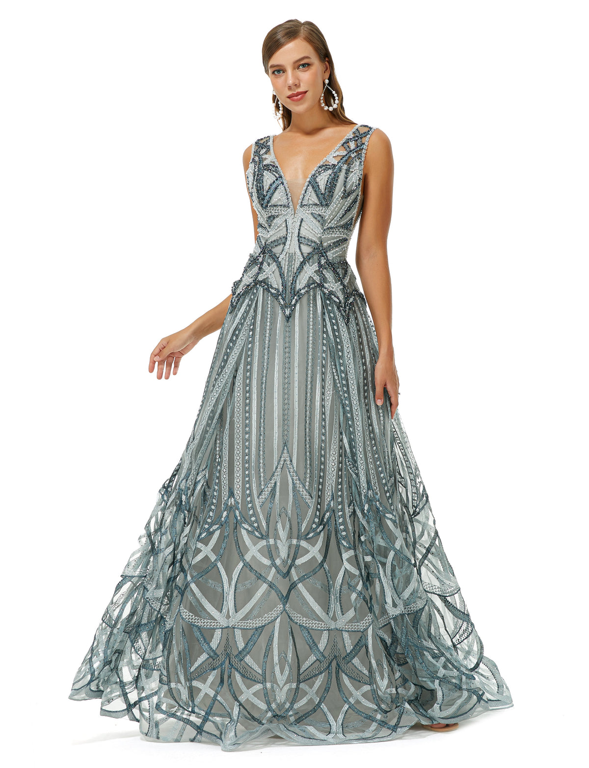 Silver V Neck Beading Tulle Prom Dress