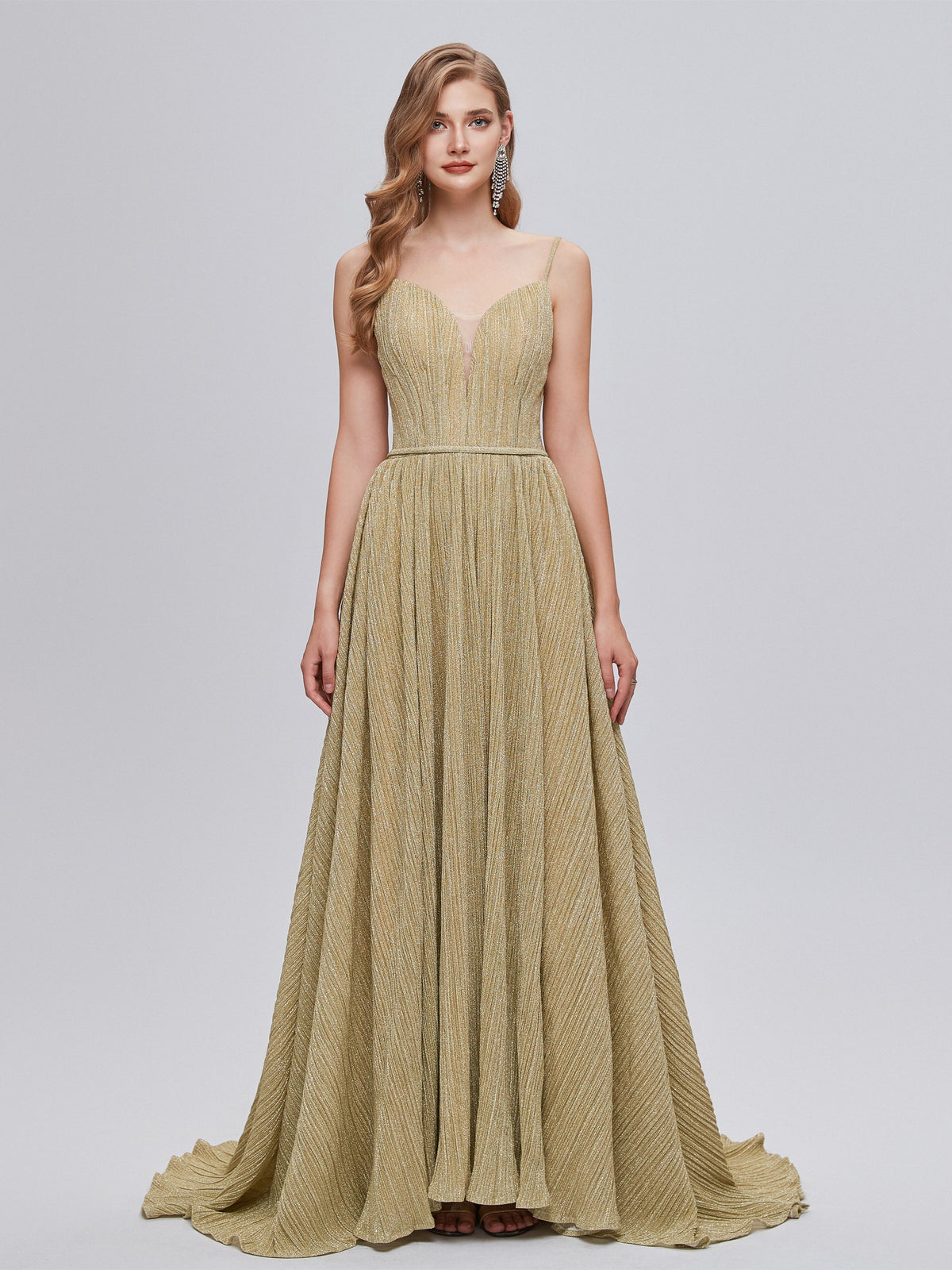 Gold V Neck Pleats A Line Backless Prom Dress