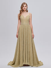 Gold V Neck Pleats A Line Backless Prom Dress