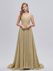 Gold V Neck Pleats A Line Backless Prom Dress