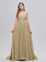 Gold V Neck Pleats A Line Backless Prom Dress