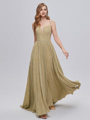 Gold V Neck Pleats A Line Backless Prom Dress