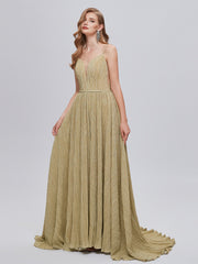 Gold V Neck Pleats A Line Backless Prom Dress