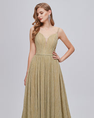 Gold V Neck Pleats A Line Backless Prom Dress