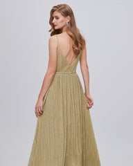 Gold V Neck Pleats A Line Backless Prom Dress