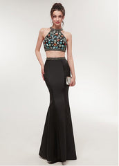 Black Satin Halter Neckline Two-piece Mermaid Prom Dress