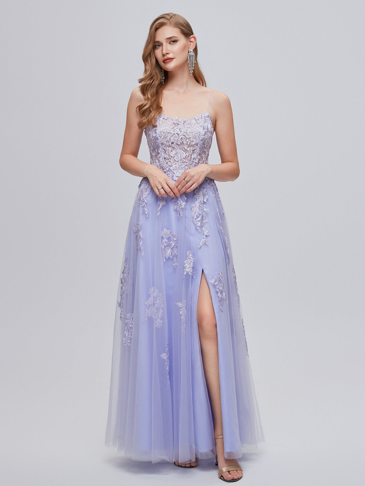 Lavender V Neck Tulle Appliques Prom Dress With Slit