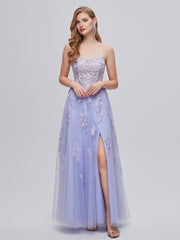 Lavender V Neck Tulle Appliques Prom Dress With Slit