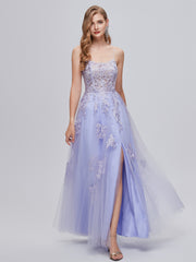 Lavender V Neck Tulle Appliques Prom Dress With Slit