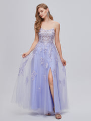 Lavender V Neck Tulle Appliques Prom Dress With Slit