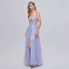 Lavender V Neck Tulle Appliques Prom Dress With Slit