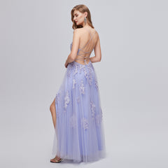 Lavender V Neck Tulle Appliques Prom Dress With Slit