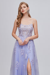 Lavender V Neck Tulle Appliques Prom Dress With Slit