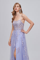 Lavender V Neck Tulle Appliques Prom Dress With Slit