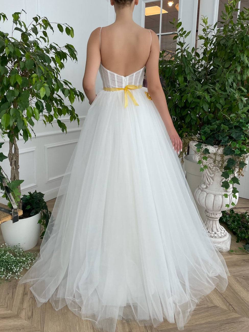 White sweetheart neck tulle lace long prom dress, white evening dress - RongMoon