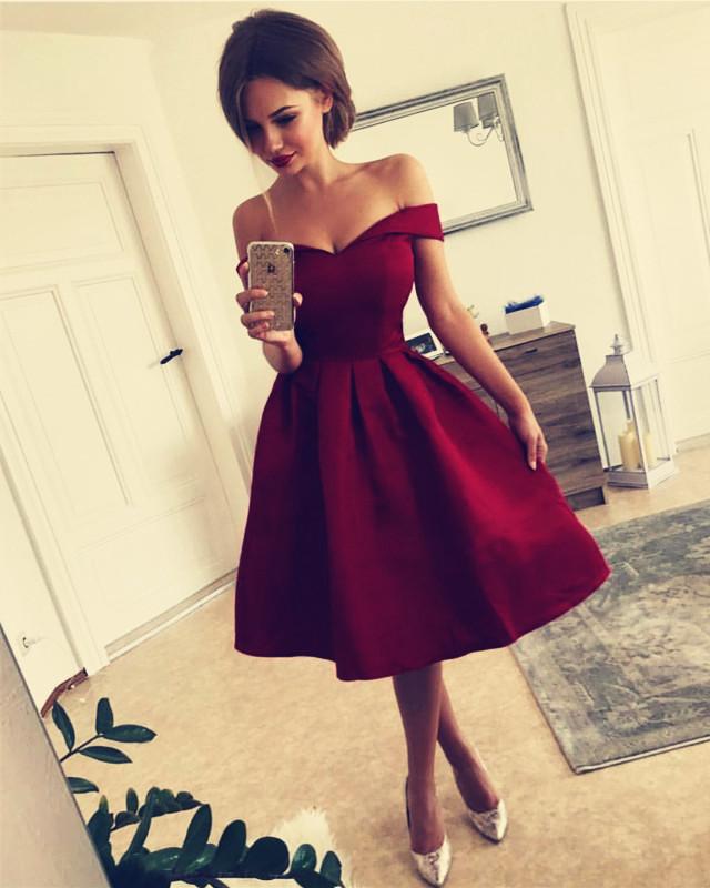 Short Satin V-neck Off The Shoulder Bridesmaid Dresses Knee Length Party Gowns