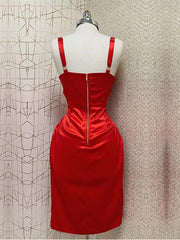 Sexy Straps Mermaid Sleeveless Satin Red Homecoming Dresses with Side Slit, HD0583