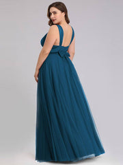 Ink Blue Sleeveless Pleated V-neck Bridesmaid Evening Gown-Yedda - RongMoon