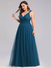 Ink Blue Sleeveless Pleated V-neck Bridesmaid Evening Gown-Yedda - RongMoon