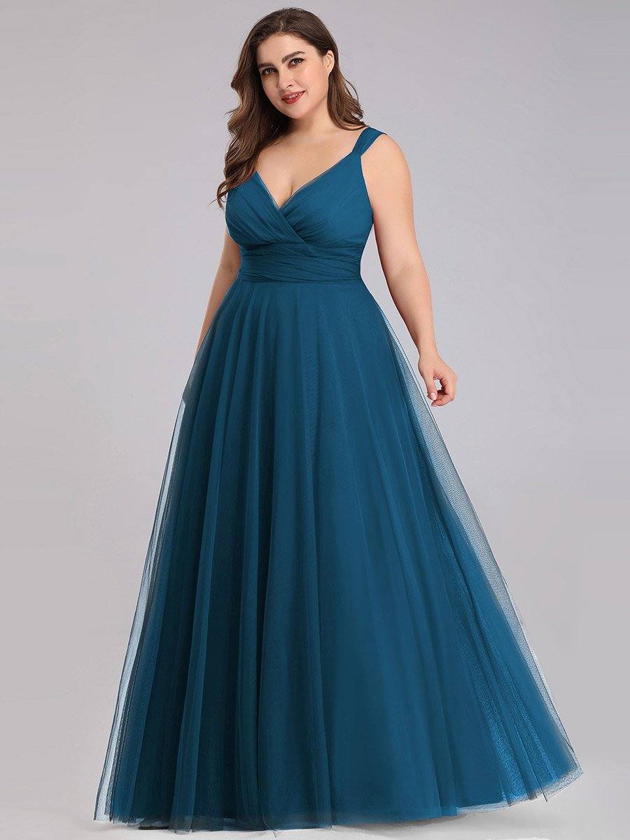 Ink Blue Sleeveless Pleated V-neck Bridesmaid Evening Gown-Yedda - RongMoon