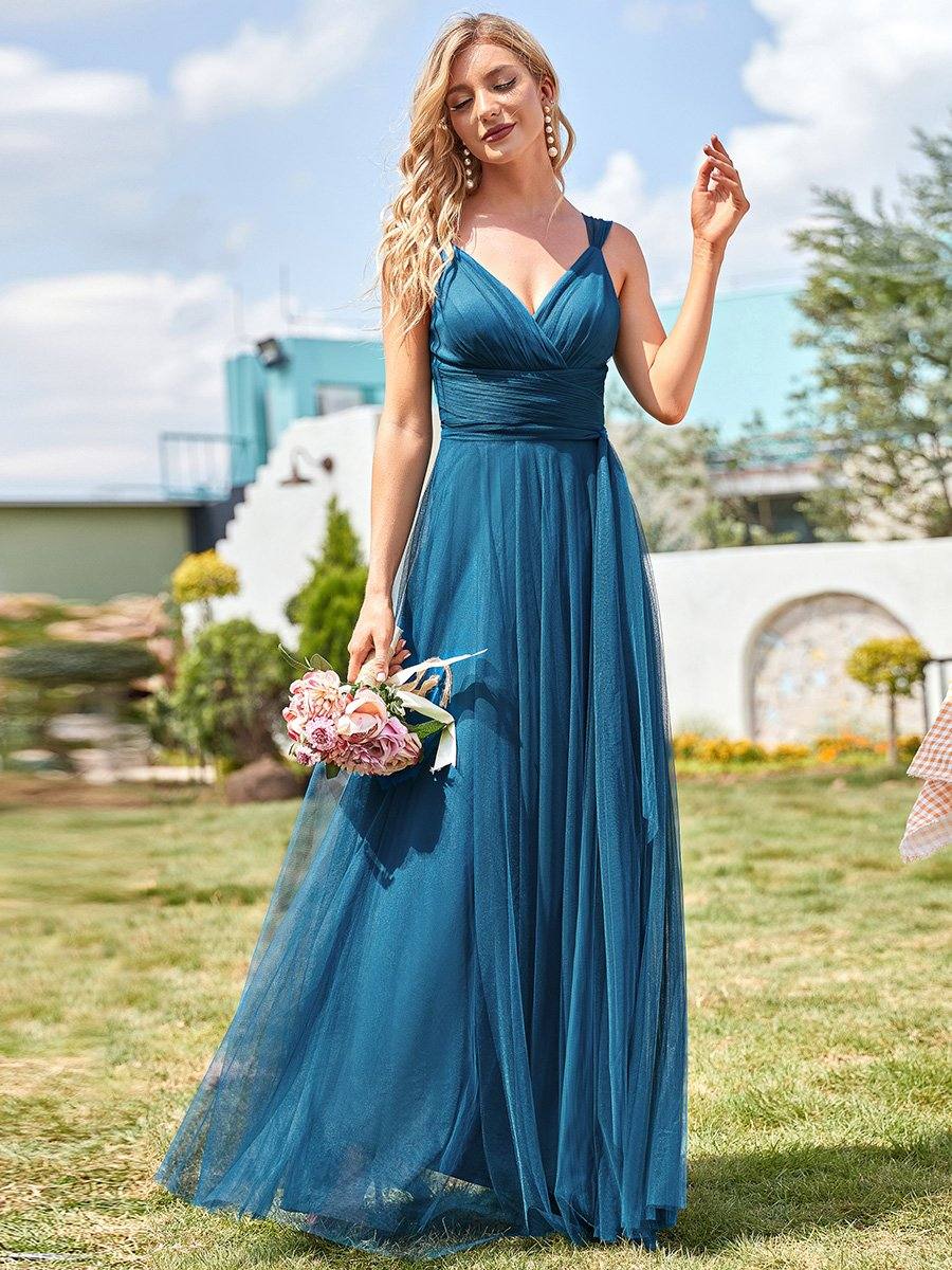 Ink Blue Sleeveless Pleated V-neck Bridesmaid Evening Gown-Yedda - RongMoon