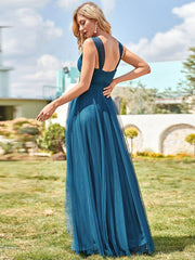 Ink Blue Sleeveless Pleated V-neck Bridesmaid Evening Gown-Yedda - RongMoon